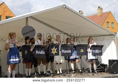 Copenhagen, Denmark - September 16, 2018:  Tyrolean Band Heidis And Hosen Cheering Up  At The Half M
