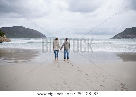 Rear view of couple standing with holding hands on the beach