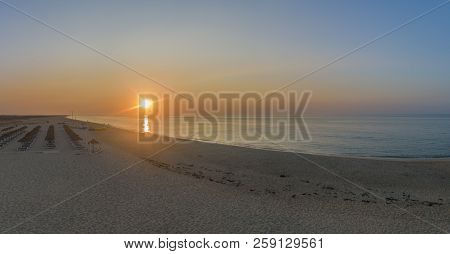 Aerial Sunrise Panoramic View Of Beautiful Ilha Do Farol (lighthouse Island), In Ria Formosa Famous 