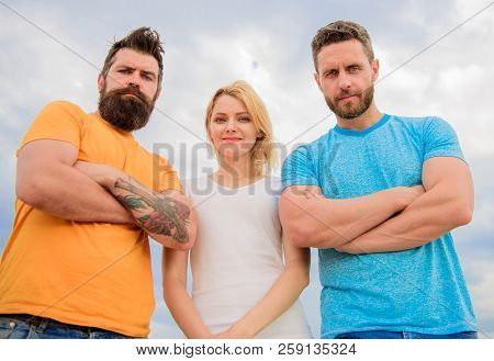 Ways To Build Ohesive Team. Strength In Unity. Woman And Men Look Confident Sky Background. Threesom