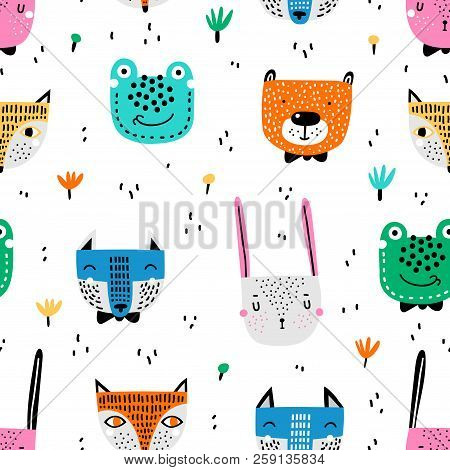 Childish Seamless Pattern With Hand Drawn Animals. Trendy Scandinavian Vector Background. Vector Tex