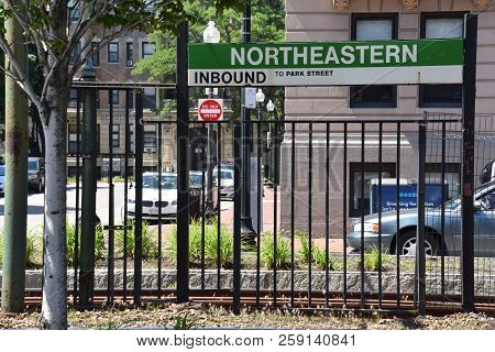 Boston, Ma - Jun 16: Mbta Green Line Surface-level Trolley Stop At Northeastern University In Boston