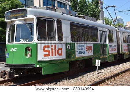 Boston, Ma - Jun 16: Mbta Green Line Surface-level Trolley Stop At Northeastern University In Boston
