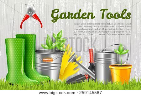 Realistic Garden Tools And Sprout In Yellow Pot On Grey Wooden Background Horizontal Vector Illustra