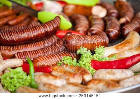 Delicious Grilled Sausages And Vegetable. Delicious Food.