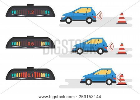 Vector Flat Infographic Of Car Parktronic System. Three Position Of Vehicle And Signal Of Electronic