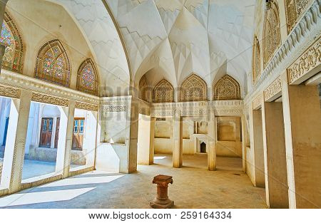 Kashan, Iran - October 22, 2017: Andarouni (interiors) Of  Abbasi House With Preserved Relief Decora