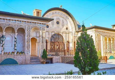 Kashan, Iran - October 22, 2017: The Small Portal Of Tabatabaei House With Scenic Arched Galleries F