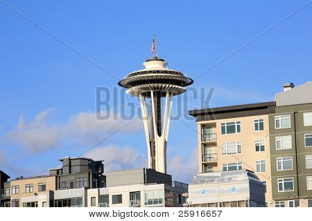 Downtown Seattle Washington ved solopgang set fra Elliot Bay