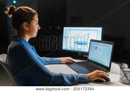 business, deadline and technology concept - businesswoman with laptop computer working at night office