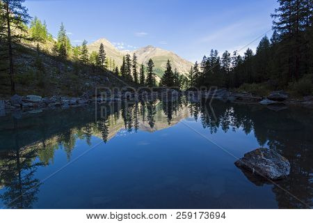 Reflection Of The Shore Of The Lake In The Watery Surface. Early Sunny Morning. The Large (lower) Sh
