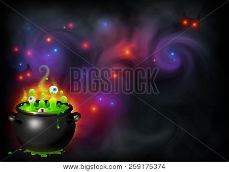Bowling Witch's Brew With Eyes On Magic Fog Backdrop. Vector Halloween Banner Background