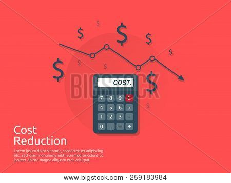 Cost Reduction Concept. Calculator And Arrow Line Decrease. Dollar Money Fall Down Symbol. Economy S