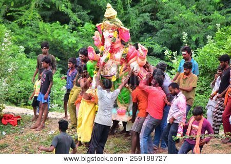 Anaipatti, Tamilnadu - India - September 15 2018: Indian Hindu Devotees Carry An Idol Of Elephant-he