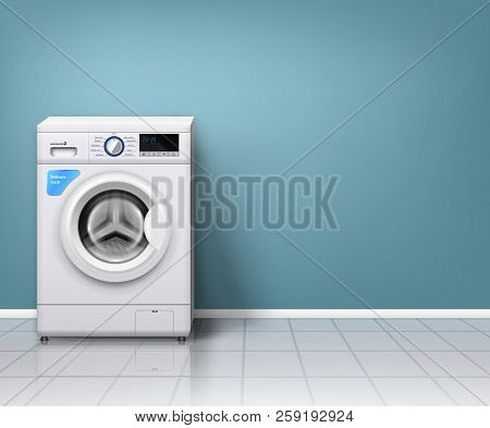 Realistic Background With Modern Washing Machine In Empty Laundry Room Vector Illustration