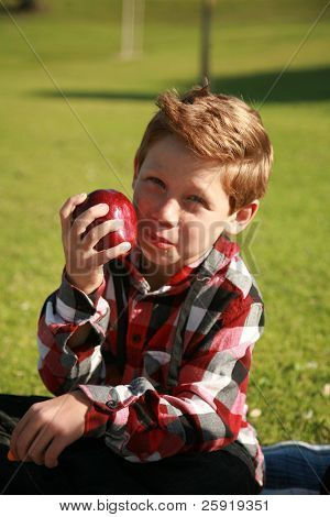 un joven goza de una manzana en un picnic