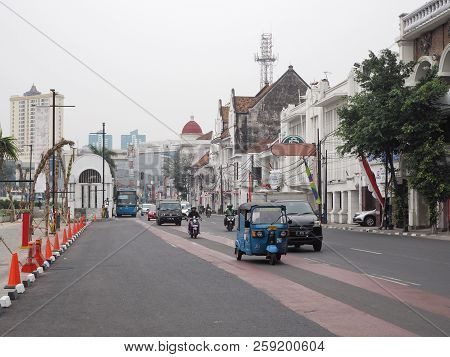 Jakarta, Indonesia - August 7, 2018: Traffic On Jalan Kali Besar In Kota Tua.