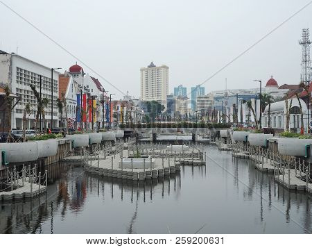 Jakarta, Indonesia - August 7, 2018: Vintage Dutch Colonial Buildings Beside Krukut River On Kali Be