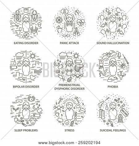 Linear Circle Banners Set For Mental Disorders Eating And Sleep, Panick Attack And Sound Halucinacia