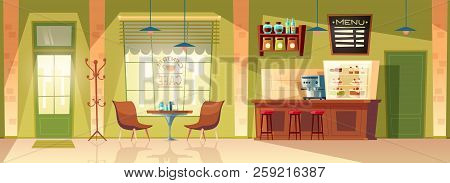 Vector Cartoon Cafe Room - Cozy Interior With Coffee Machine, Table. Wooden Furniture For Cafeteria 