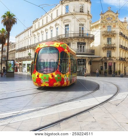 Montpellier, France - June 17, 2018: City Public Transport. Beautiful Multi-colored Tramway.  The Mo