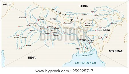 Vector Map Of The Combined Catchment Areas Of The Ganges, Brahmaputra And Meghna Rivers.