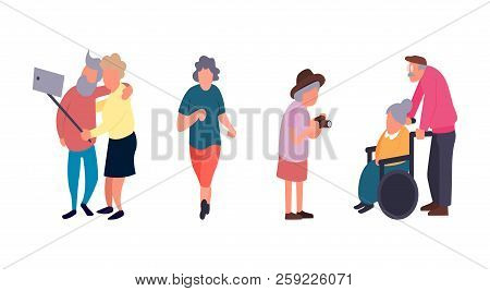 Recreation And Leisure Senior Activities Concept. Group Of Active Old People. Elder People Vector Ba