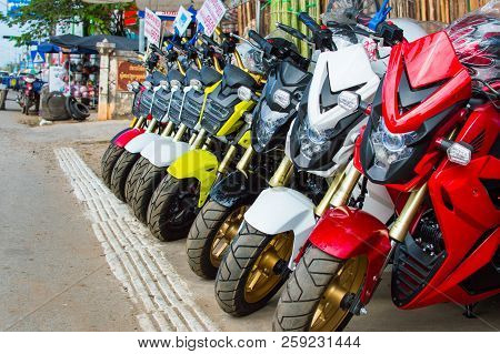 Cambodia, Kampot - January 3, 2018 : New Motorcycles Is On Sale In Motorcycle Shop.