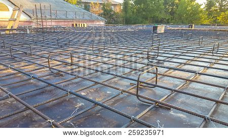Construction Of The Building. The Concrete Base Slab Foundation Under The Building. Stages Of Constr