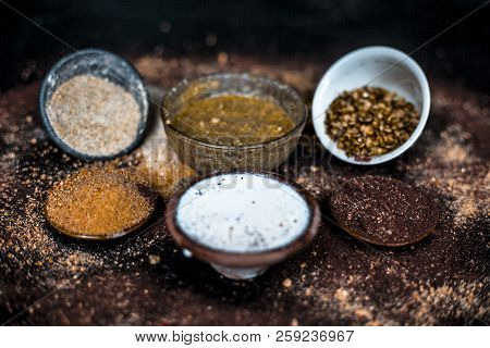 Close Up Of Face Pack Of Mung Bean Or Green Gram On Wooden Surface With Sandalwood Powder,milk,green