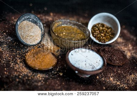 Close Up Of Face Pack Of Mung Bean Or Green Gram On Wooden Surface With Sandalwood Powder,milk,green