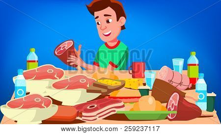 Mukbang Eating Show Vector. Guy. Social Eating. Popular Video Streamer Blogger. Illustration