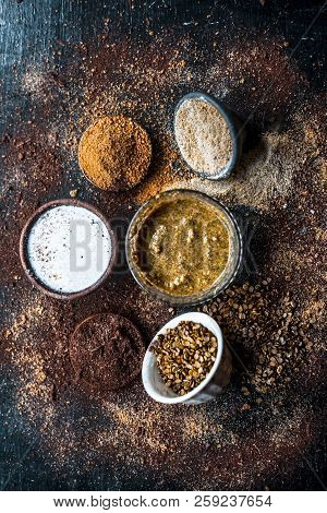 Close Up Of Face Pack Of Mung Bean Or Green Gram On Wooden Surface With Sandalwood Powder,milk,green