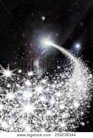 Abstract Shooting Star - Falling Star Trail With Black Starry Cosmos Background - Twinkling And Glit