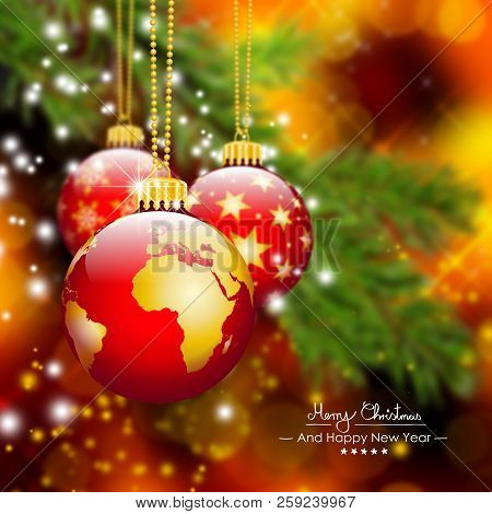 Christmas Card With Three Hanging Red Christmas Balls With Mapped Earth And Stars Texture Graphic Il
