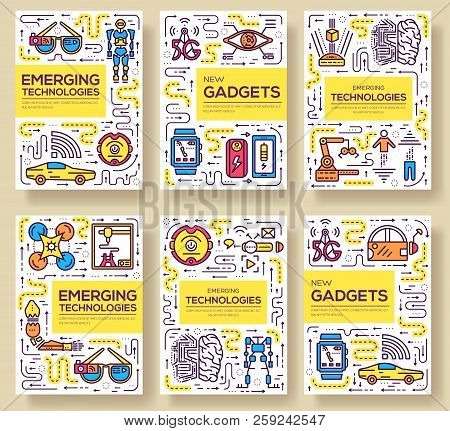 Technology Vector Brochure Cards Thin Line Set. Automation  Template Of Flyear, Magazines, Posters, 