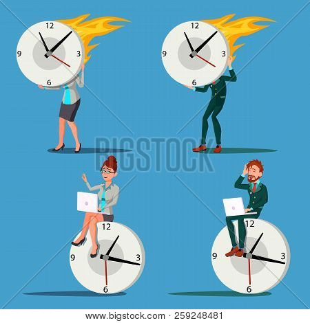 Time Management Man, Woman Vector. Procrastination. Control. Huge Clock, Watch. Business Illustratio