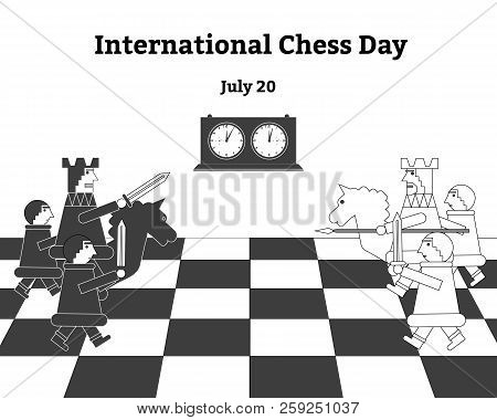 Vector Illustration Of Grey Chess Clock. Postcard International Chess Day.