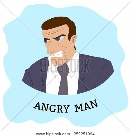 Cartoon Character. Angry Man At Suit Coat And Tie. Vector Illustration.