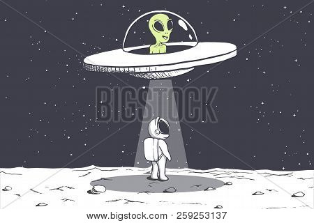 An Alien Abducts An Astronaut On Moon.cosmic Friends.vector Illustration