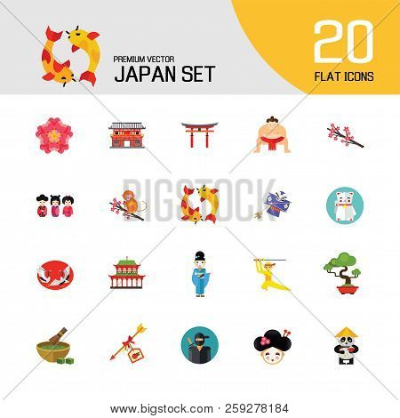 Japan Icon Set. Japanese Kite Japanese Cranes Torii Gate Bonsai Tree Koi Fish Japanese Ninja Sumo Wr