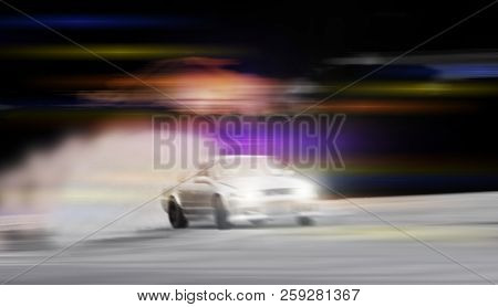 Blurred Image Of Car Drifting On Track With Grain, Sport Car Wheel Drifting And Smoking On Track.