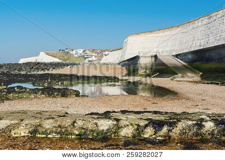 Undercliff Coast Walk In Saltdean, East Sussex, View Of The Sea In Low Tide, Selective Focus