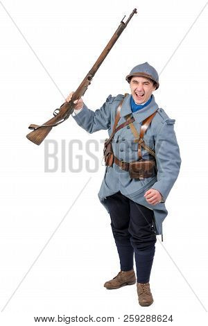 A French Soldier 1914 1918 Attack, November 11th On White Background