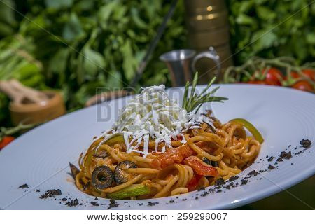 Spaghetti With Minced Meat And Vegetables. Horizontal Top View, Rustic Style