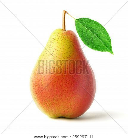 Isolated Pear. One Red And Yellow Pear Fruit With Leaves Isolated On White Background