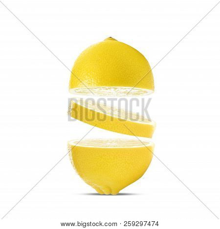 Isolated lemons. Whole lemon fruit and sliced lemon with leaf isolated on white background
