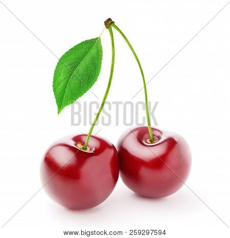 Cherry. Isolated cherries. Two sweet cherries with leaves isolated on white background. With clipping path