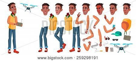 Teen Boy Vector. Animation Creation Set. Black. Afro American. Face Emotions, Gestures. Adult People