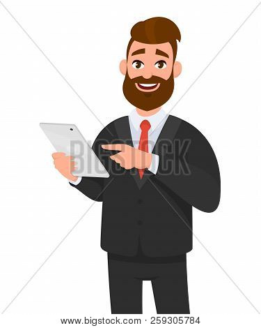 Happy Confident Business Man Holding Or Using A Tablet Computer. Business Man Standing Isolated In W